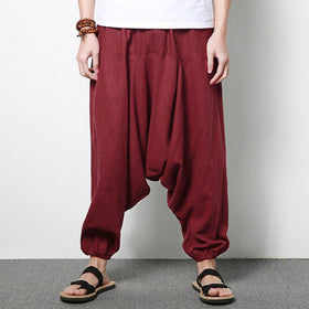 Men's Cotton Linen Loose Casual Harem Pants (Large)