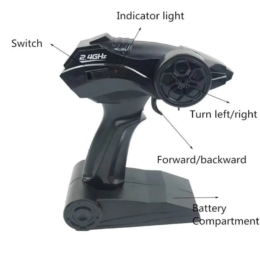 Black plastic 2.4ghz remote control transmitter with ergonomic grip and labeled controls for directional inputs.