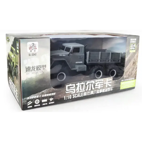 Gray 1:10 scale remote-controlled six-wheel drive military truck model in a box.