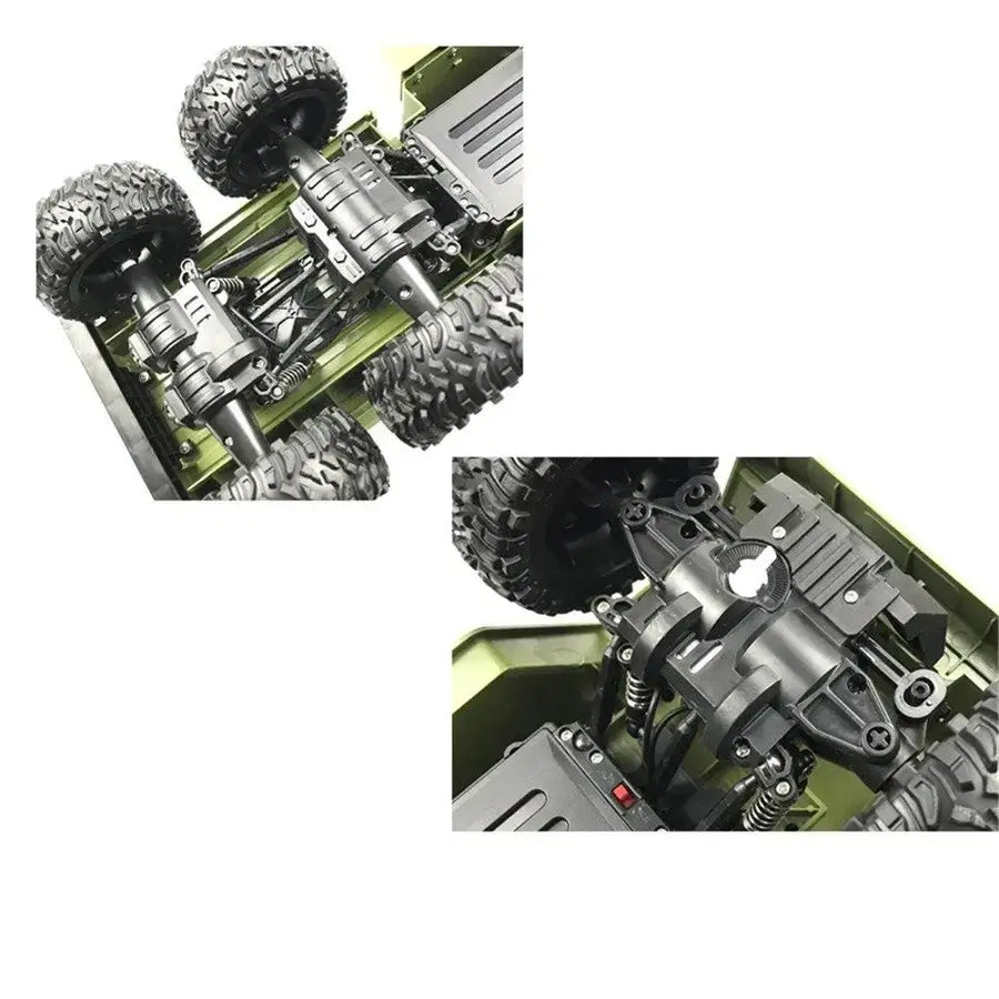 Olive green remote-controlled off-road truck with black rugged tires and detailed metallic chassis components.