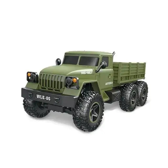 Olive green remote-controlled six-wheel-drive military truck with black tires and detailed grille.