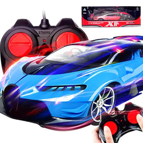 Blue and black remote-controlled racing car with glowing purple and red light effects.