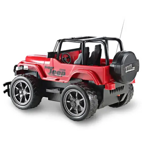 Red and black remote-controlled super jeep toy with rugged off-road design, featuring detailed wheels and a spare tire mounted on the rear.