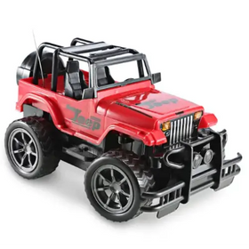 Red and black toy jeep with rugged off-road design, featuring detailed chrome accents and realistic tires.