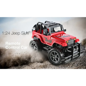 Red 1:24 scale remote control jeep suv with black accents and rugged off-road tires.