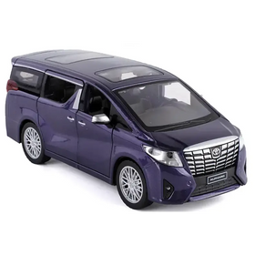 Purple metallic toy model of a toyota alphard minivan.