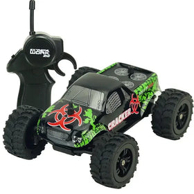 Black and green remote-controlled off-road truck with red biohazard decals, featuring rugged tires and a ’cracker’ logo.
