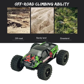 Black and green rc off-road truck with red biohazard decals.