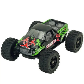 Black and green remote-controlled monster truck with red biohazard decals and ’cracker’ branding.