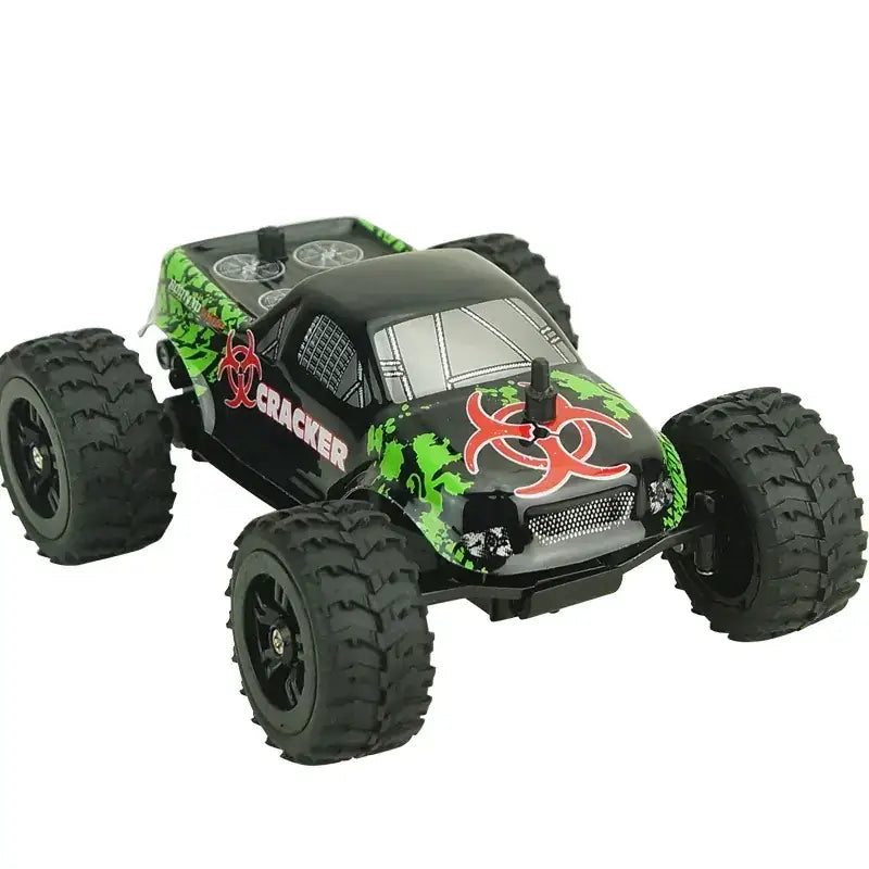 Black and green remote-controlled monster truck with red biohazard decals.