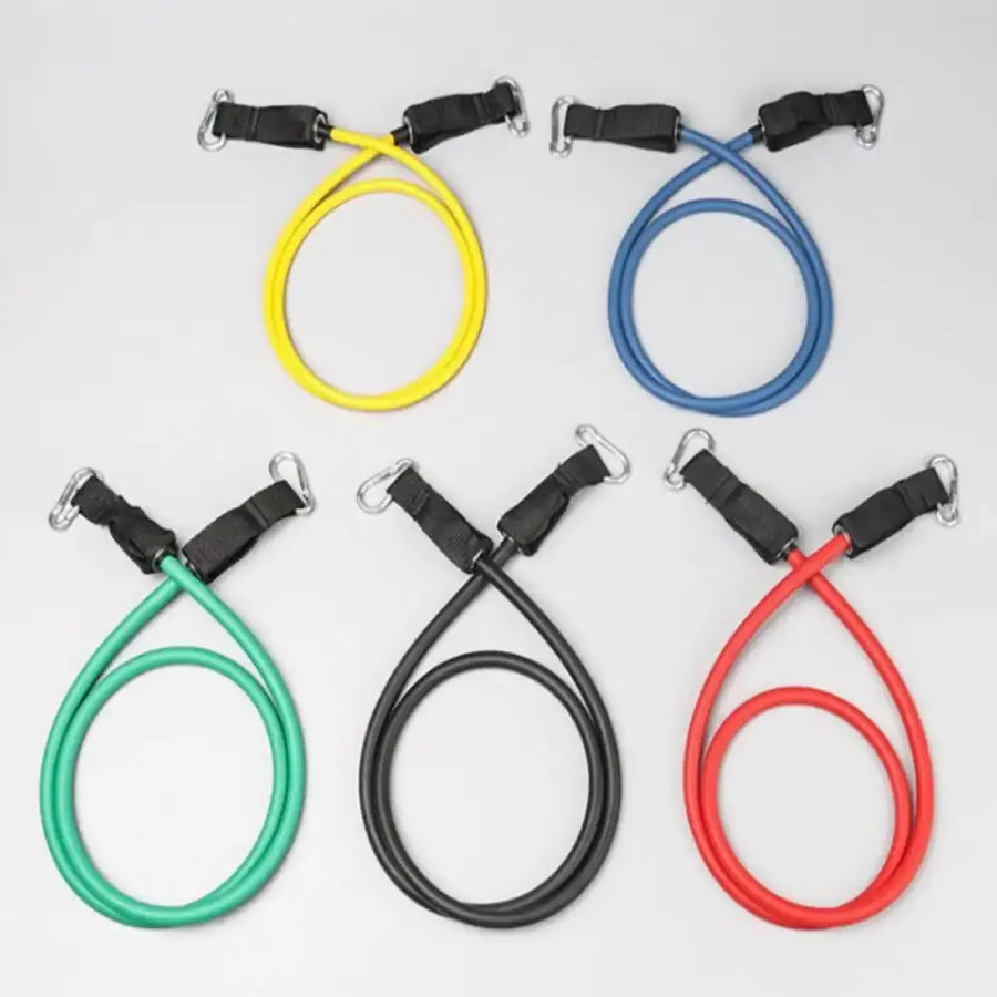 Five resistance bands in yellow, blue, green, black, and red, each with black fabric loops and silver metal carabiners.