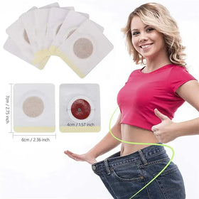 White adhesive weight loss patches with a circular textured center and yellow border, shown in two sizes.