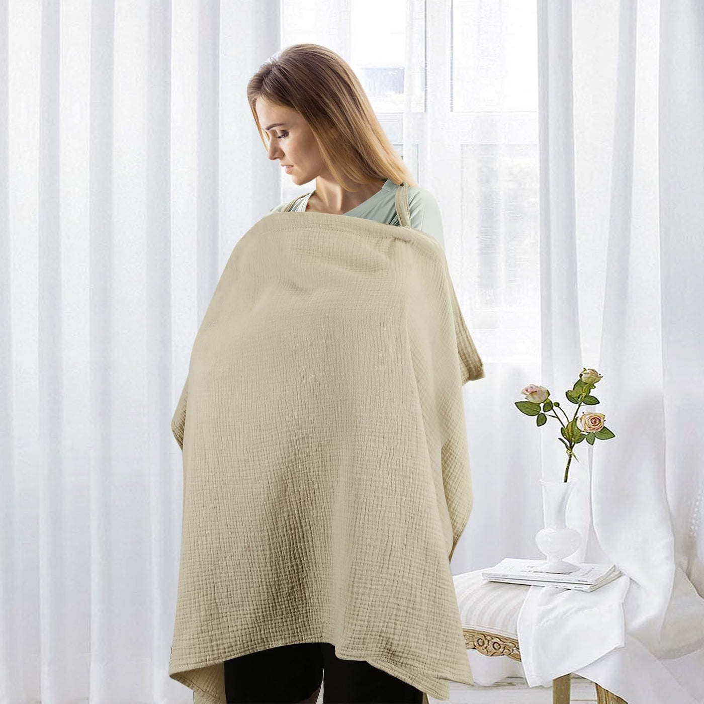 PandaEar Nursing Cover for Baby Breastfeeding Breathable Muslin Nursing Poncho Neck Insert with Rigid Hoop for Mom Multi-use Privacy Nursing Apron Carseat Cover