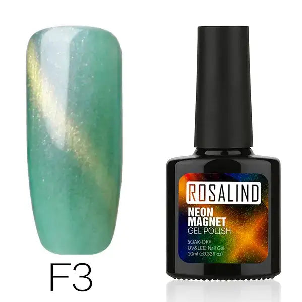 Rosalind neon magnet gel polish in shade f3, featuring a shimmering teal base with golden magnetic swirls.