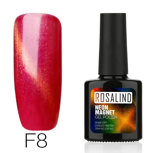 F8 neon magnet gel polish in a black bottle with a vibrant red and orange shimmer finish.
