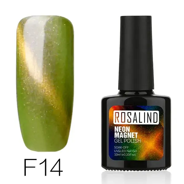 Green and gold shimmering cat-eye nail polish in a black bottle labeled ’rosalind neon magnet gel polish.’
