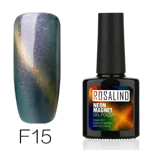 Rosalind f15 neon magnet gel polish in a sleek black bottle with a vibrant, galaxy-inspired shimmer effect.