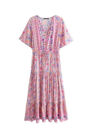 Pink Floral V-Neck Long Dress for Women - Joomcy