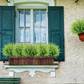 A wooden planter box filled with lush green ferns, mounted beneath a window.