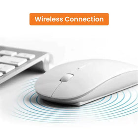 White wireless mouse with sleek, ergonomic design and smooth surface finish.