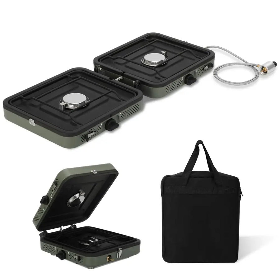 Olive green portable two-burner camping stove with black cooking surfaces and silver burner caps.