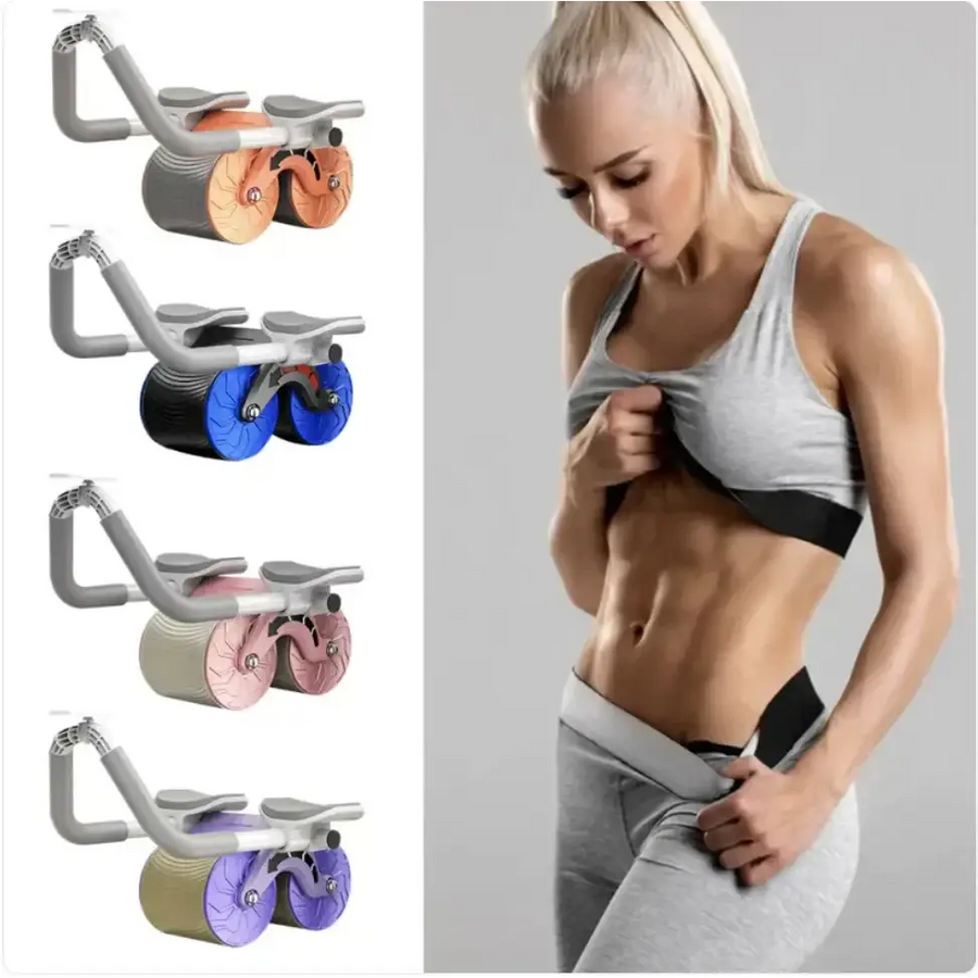 Gray and orange abdominal roller with ergonomic handlebars.