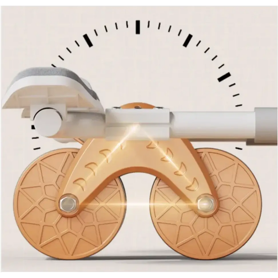 A sleek, beige-colored roller skate with a white frame and geometrically patterned wheels.