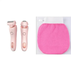 Pink electric razor and matching pink exfoliating glove set.
