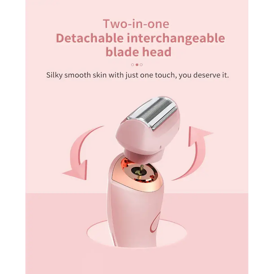 Pink and rose gold two-in-one detachable blade head hair removal device with interchangeable heads.