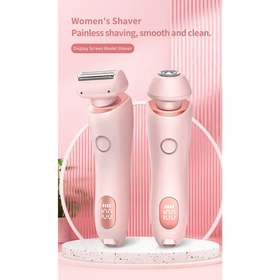 Pink women’s electric shaver with a display screen and rose gold accents.