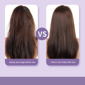The image displays a before-and-after comparison of hair, showing the transformation from messy and rough dark brown strands to smooth, sleek, and shiny dark brown locks.