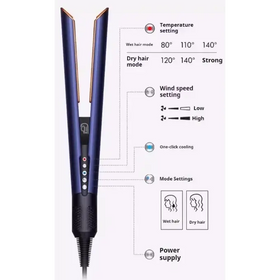 Blue and gold hair straightener with temperature, wind speed, and mode settings for wet or dry hair.