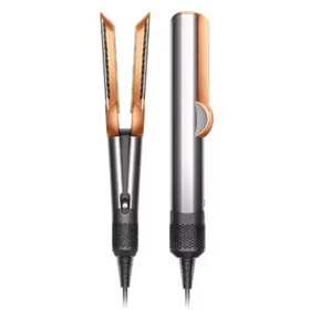 The image shows a sleek, modern hair straightener with rose gold and silver accents.
