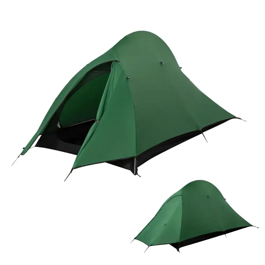 Green two-person tent with black trim and a waterproof fabric exterior.