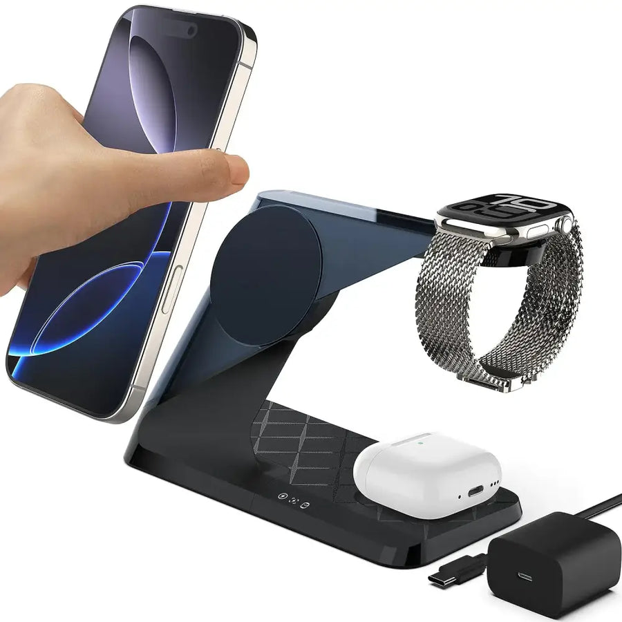 Black wireless charging stand with a sleek, modern design featuring three distinct slots for phone, watch and earbuds.