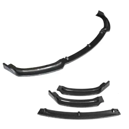 Black carbon fiber front bumper splitter kit with a sleek, aerodynamic design and precise mounting points.