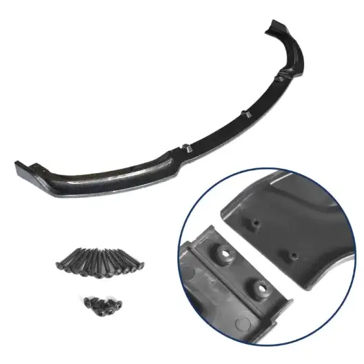Black carbon fiber front bumper splitter for automotive use.