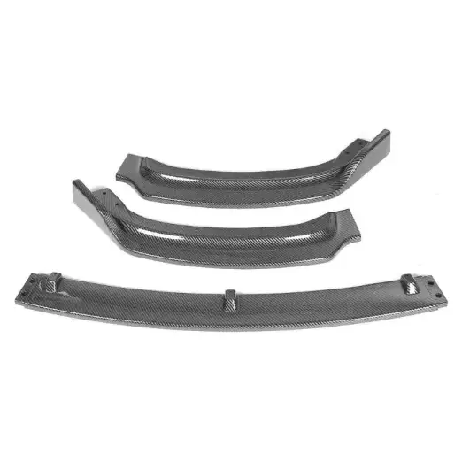Carbon fiber front bumper splitter set with a sleek, textured weave and precise cutouts for mounting.