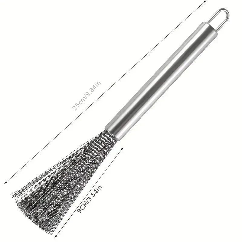Silver stainless steel wire brush with a sleek cylindrical handle and dense, tightly packed bristles.