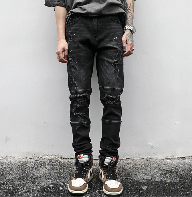 Vintage Wash Distressed Paint Splatter Slim Jeans