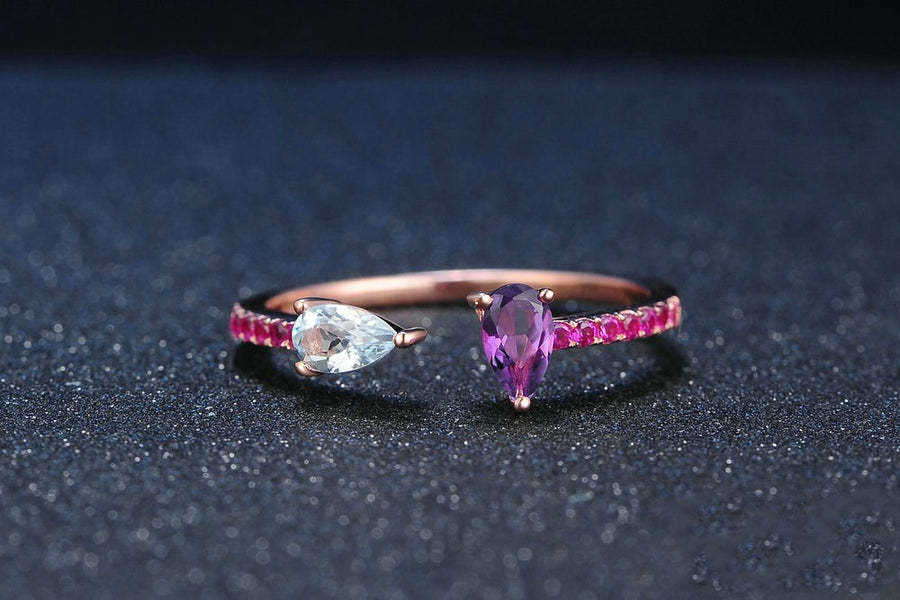 Rose Gold Ring with Amethyst and Silver Gemstone Jewelry
