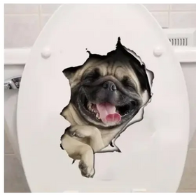 A cheerful fawn pug with a black muzzle and tongue peeking out, appearing to burst through the white toilet seat lid.
