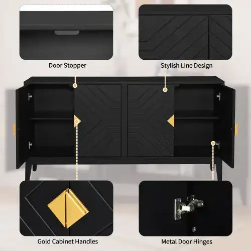 Black cabinet with gold accents and a stylish herringbone pattern on the doors.