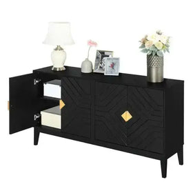 Black sideboard with geometric chevron pattern and gold diamond-shaped handles.