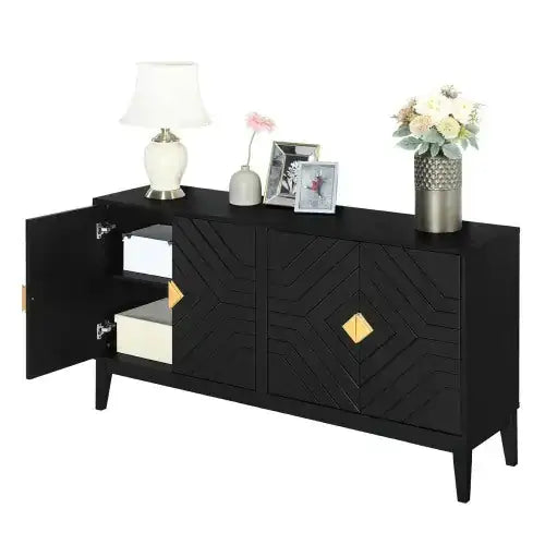 Black sideboard with geometric chevron pattern and gold diamond-shaped handles.
