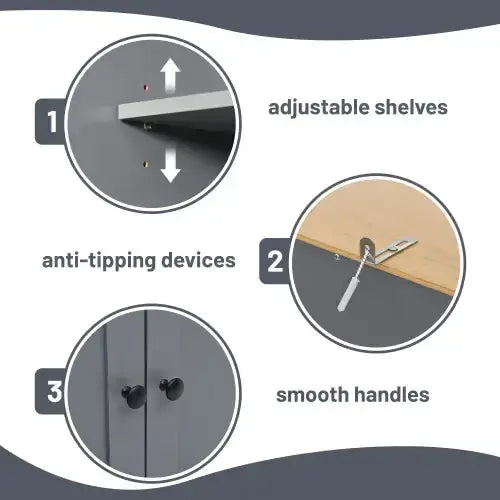 Gray metal cabinet with adjustable shelves, anti-tipping devices, and smooth handles