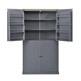 Gray metal storage cabinet with two upper doors featuring built-in shelves and a light wood top, paired with two lower solid doors.