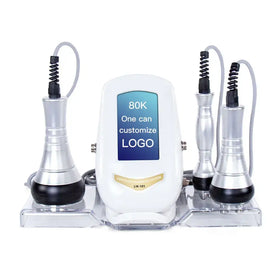 White and silver 80k cavitation machine with three interchangeable handpieces, model lw-101.