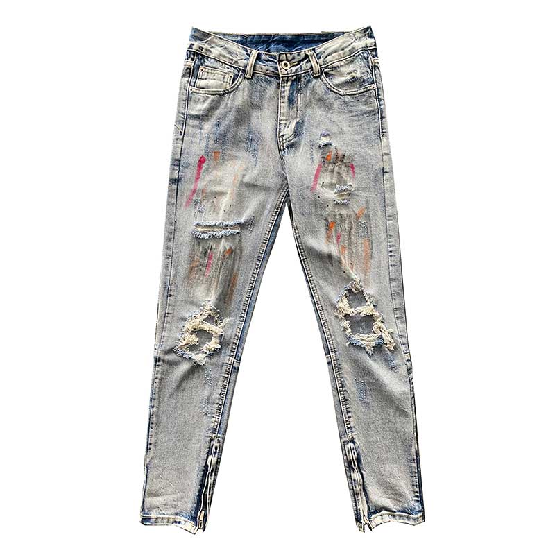 Paint Splatter Distressed Jeans with Zippered Cuffs
