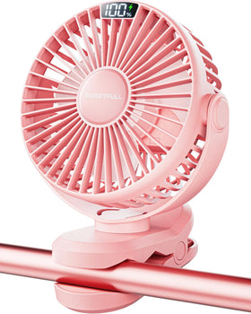 SWEETFULL Portable Clip on Fan - Battery Operated Stroller Fan 4000mAh Small Rechargeable Fan with LED Display 4 Speeds Mini Personal Cooling Desk Fan for Golf Cart Travel Camping Gym (Pink)